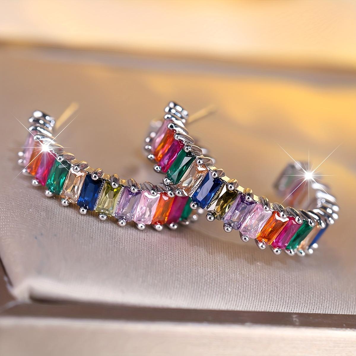 Women's Silvery-Plated Multicolored Rainbow Cubic Zirconia Baguette Cut Open Hooped Half Hoop Earrings, Lightweight Female Everyday Wear Costume Jewelry