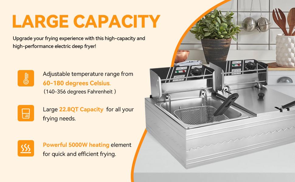 Kerilyn 22.8/6.5 QT Deep Fryer with 2 Baskets & Lids, Commercial Deep Fryer with Temperature Control, Stainless Steel Fryer, Countertop Fryers for Home Kitchen and Restaurant, 5000W Kerilyn 22.8/6.5 QT Deep Fryer with 2 Baskets & Lids, Commercial Deep Fryer with Temperature Control, Stainless Steel Fryer, Countertop Fryers for Home Kitchen and Restaurant, 5000W