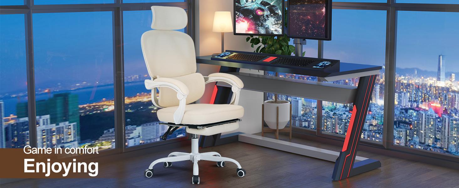 Ergonomic Office Chair with Footrest,Mesh Home Office Desk Chair with Adjustable Lumbar Support & Headrest,90-135 Comfy Reclining Chair,High Back Computer Executive Chair,360 Swivel Task Chair
