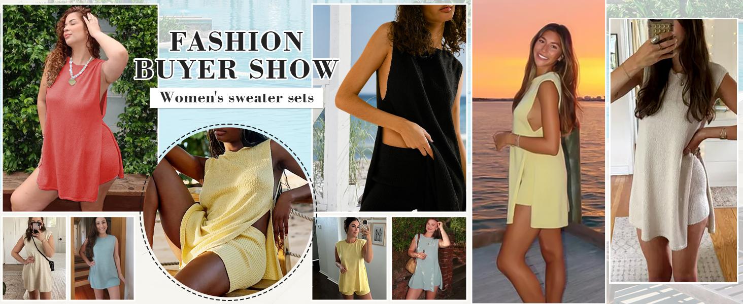 Women Summer Sleeveless Sweater Sets Knit 2 Piece Outfits Tunic Tank Top Matching Shorts Vacation Beach Sets