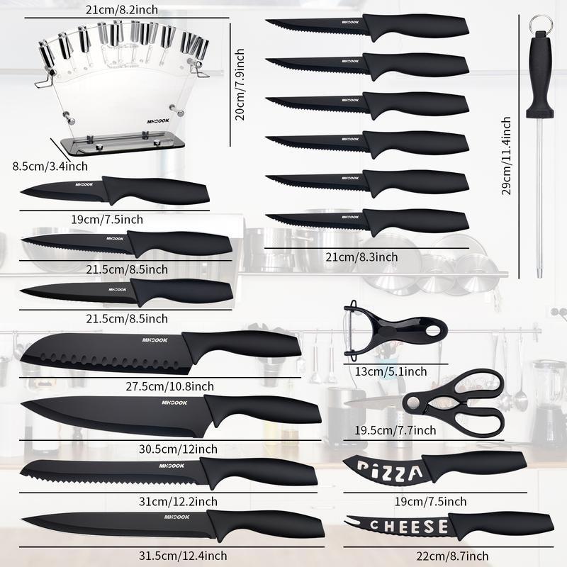 19-piece kitchen knife set with chef's knife, bread knife and scissors, including sharpening rod and integrated knife block