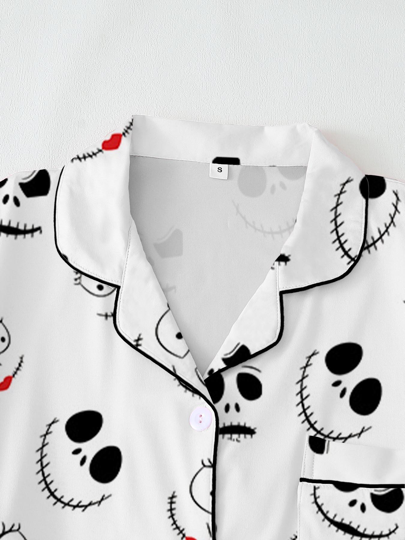 Creepy Cute Skeleton Halloween Pattern Short Sleeve Pajama Set, Spooky Stitched Face Graphic Sleepwear with Black Piping, Goth Style Summer Loungewear Set, Fun 2-Piece PJs