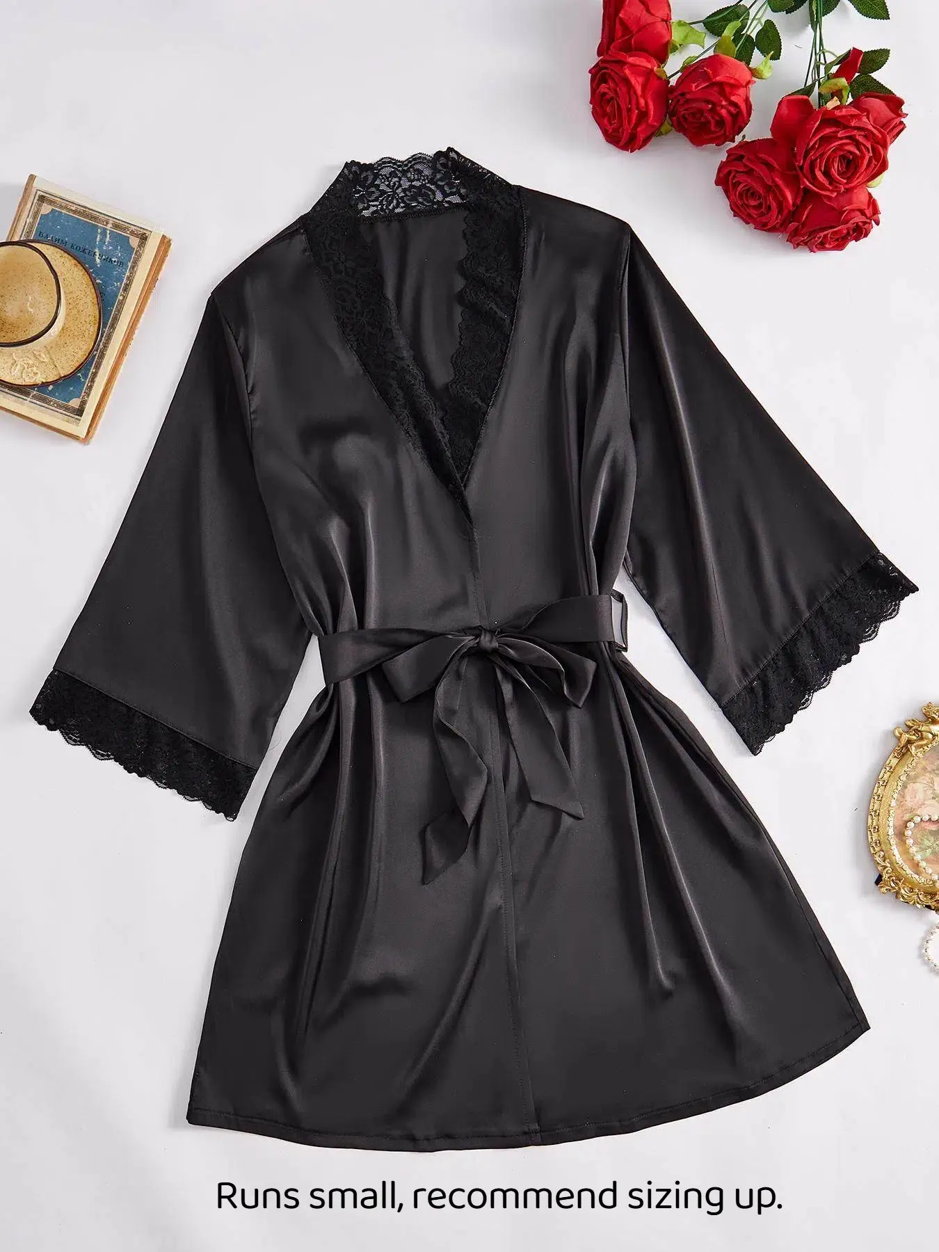 Women's Contrast Lace Belted Robe, Gowns, Solid Color Long Sleeve V Neck Lounge Robe, Casual Comfy Sleepwear Loungewear for Women, Soft Bathrobe Sleepwear