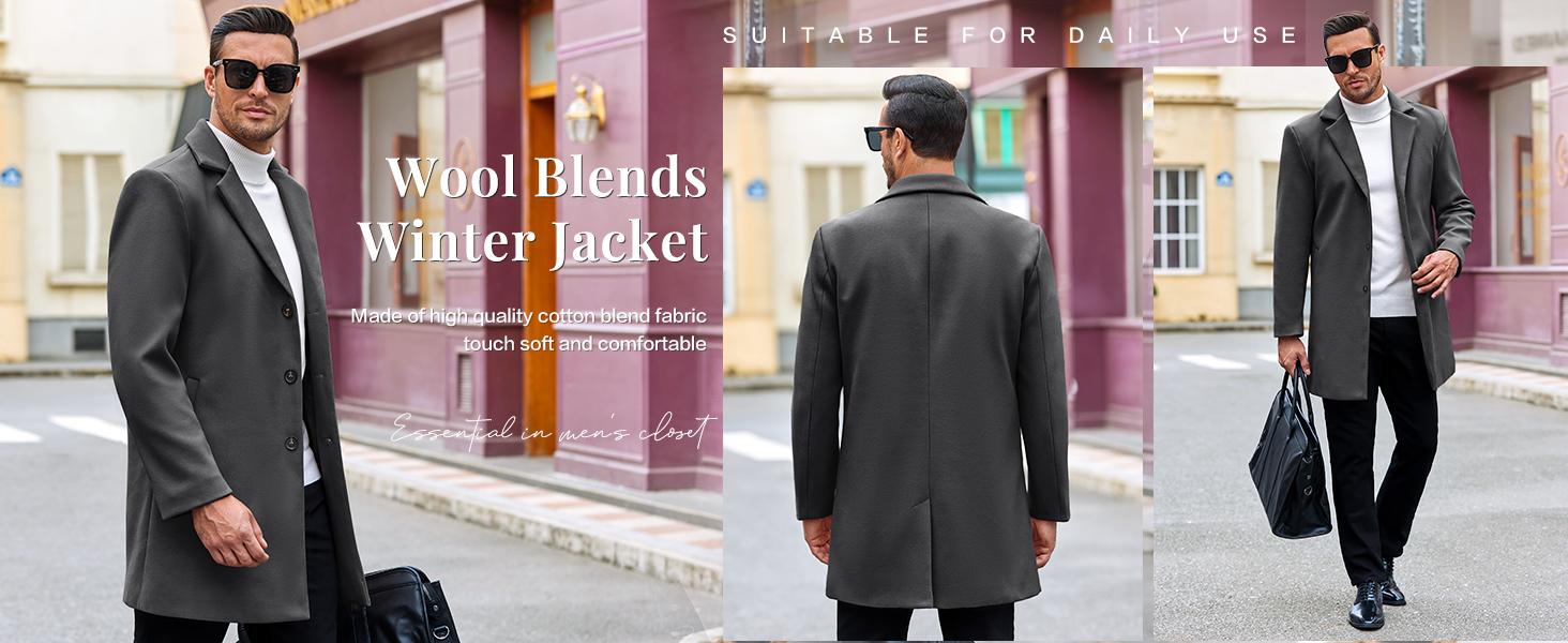 Runcati Men's Trench Coat Slim Fit Notched Collar Fall Winter Single Breasted Pea Coat Warm Soft Overcoat