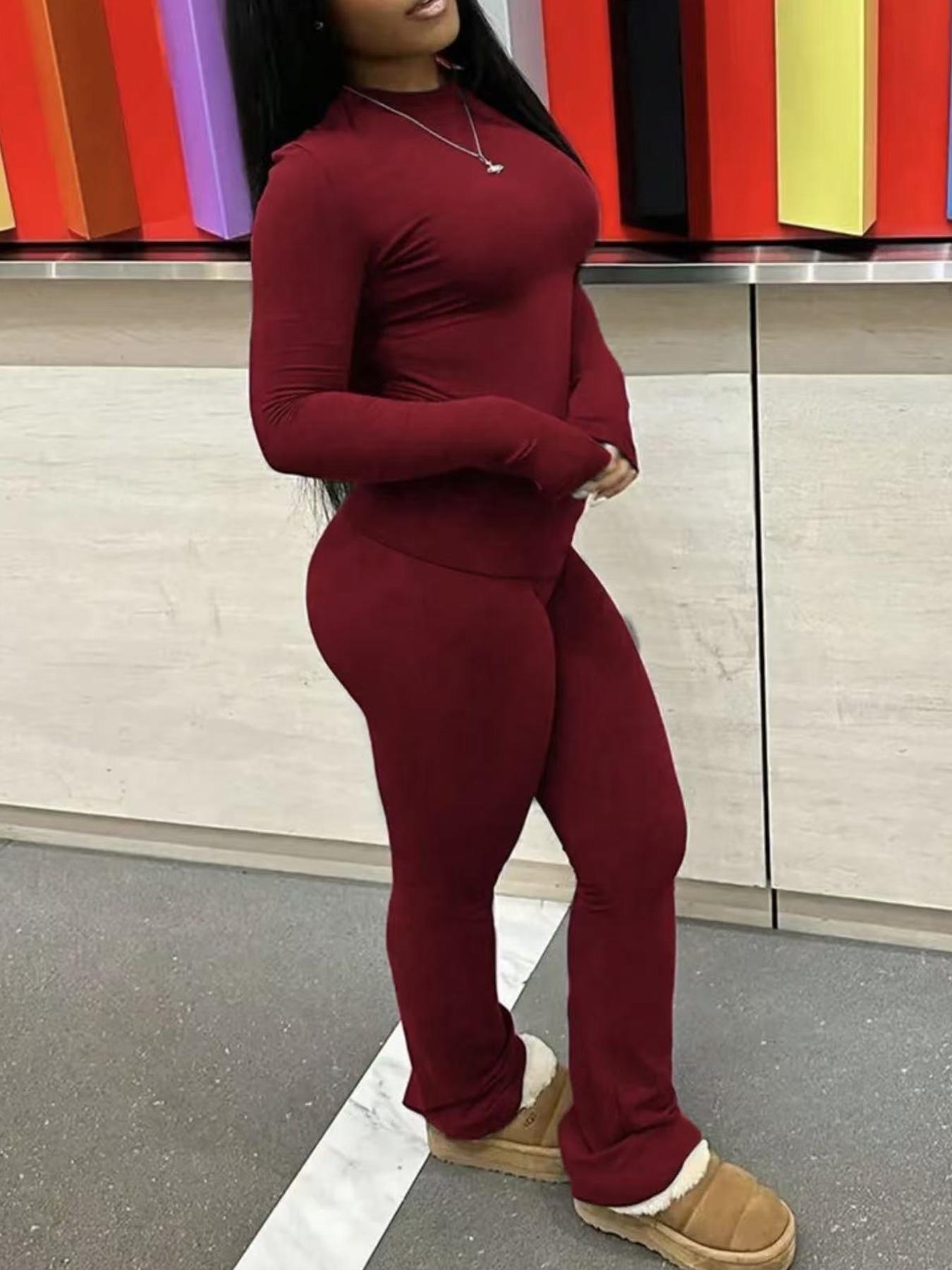 【Plus Size】2 Piece Women's Long Sleeve Crop Top & Flare Pants Set, Trendy Street Style, Multiple Colors Available & Stretchy Fabric, Highlights Curves & Comfortable to Wear, Suitable for Women's Streetwear, Casual Outings,Airport Outfit