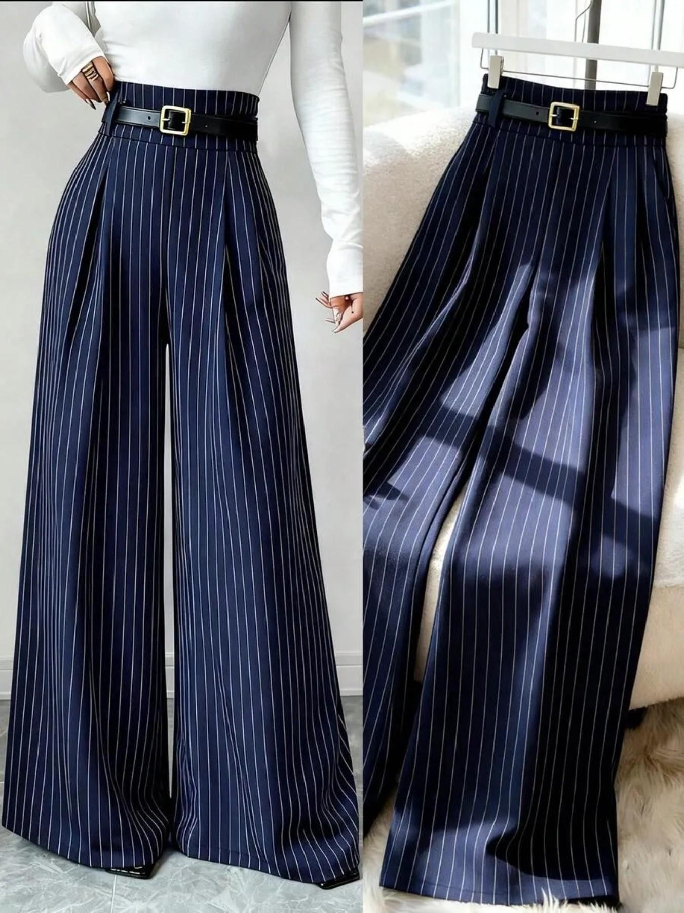 Women's Striped Wide Leg Straight Leg Suit Pants, Elegant Fashion Casual Trousers, Suitable for Office and Business, All Seasons