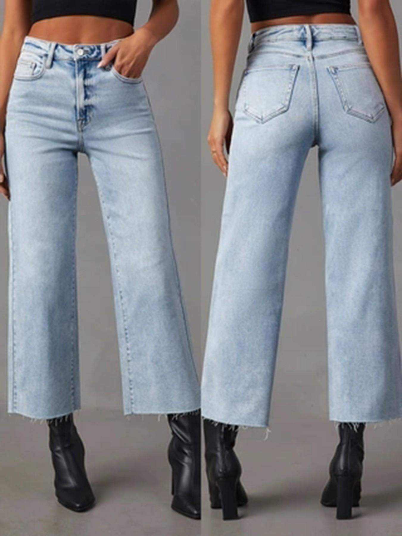 Women's Straight Leg Light Wash Jeans, Elastic Fabric, Mid Waist, Tummy Control, Daily Commute Wear, Comfortable and Stylish Denim Jeans