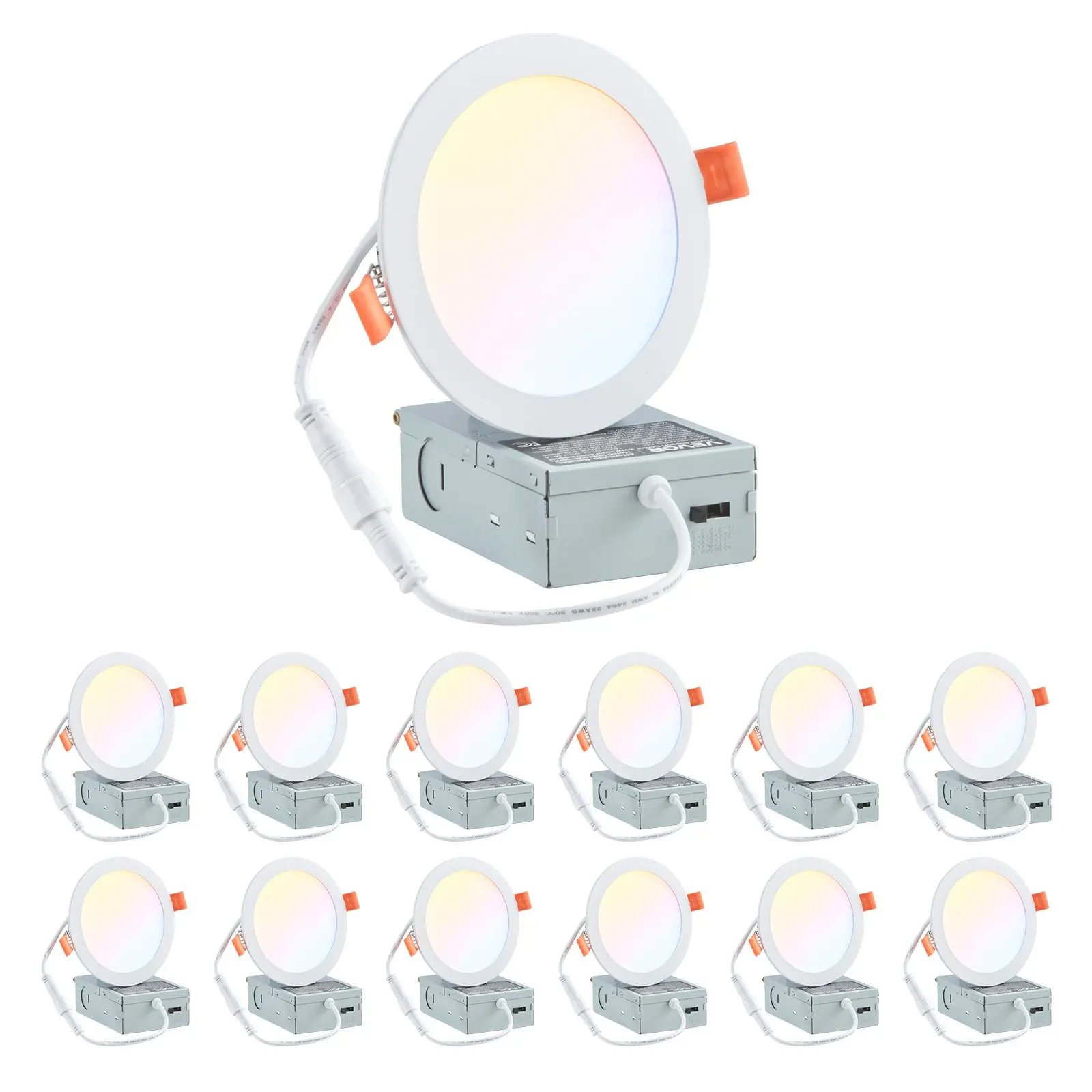 VEVOR 12-Pack 6in Modern Adjustable LED Recessed Ceiling Lights, 5CCT Canless Wafer Downlights with Junction Box, 2700K/3000K/3500K/4000K/5000K Selectable, 12W 120V 1100LM High Brightness, for Indoor Home Lighting, Adjustable Leds