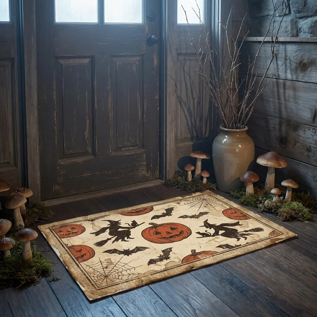 Vintage Newspaper Halloween Doormat, Witch Jack O Lantern Front Door Rug, Retro Fall Porch Decor Mat, Spooky Farmhouse Welcome Mat