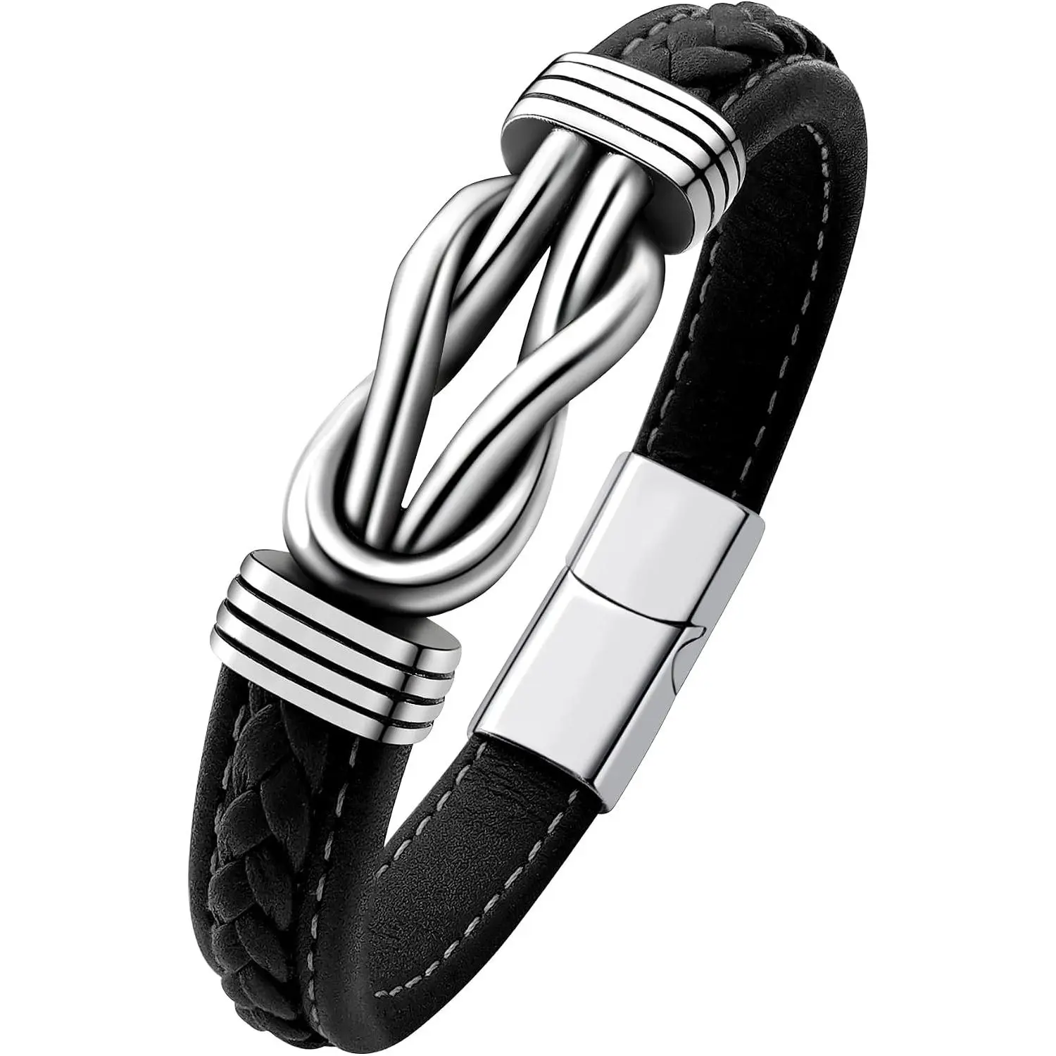 Mens Black Braided Leather Bracelet, Green/Red/Brown/Black Braided Leather Infinity Knot Bracelets for Men with Stainless Steel Clasp, 7.5/8.5/9in Length