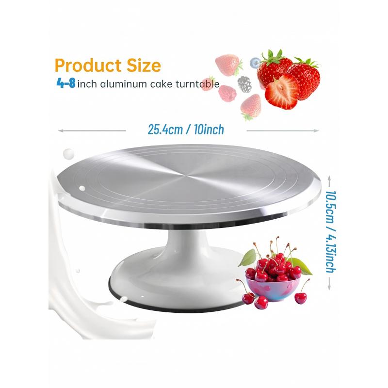 This aluminum cake turntable features 360-degree rotation, a non-slip base, and a heavy-duty smooth rotating stand. Suitable for 4-8 inch cakes, it's ideal for cake decorating, baking, and frosting preparation.