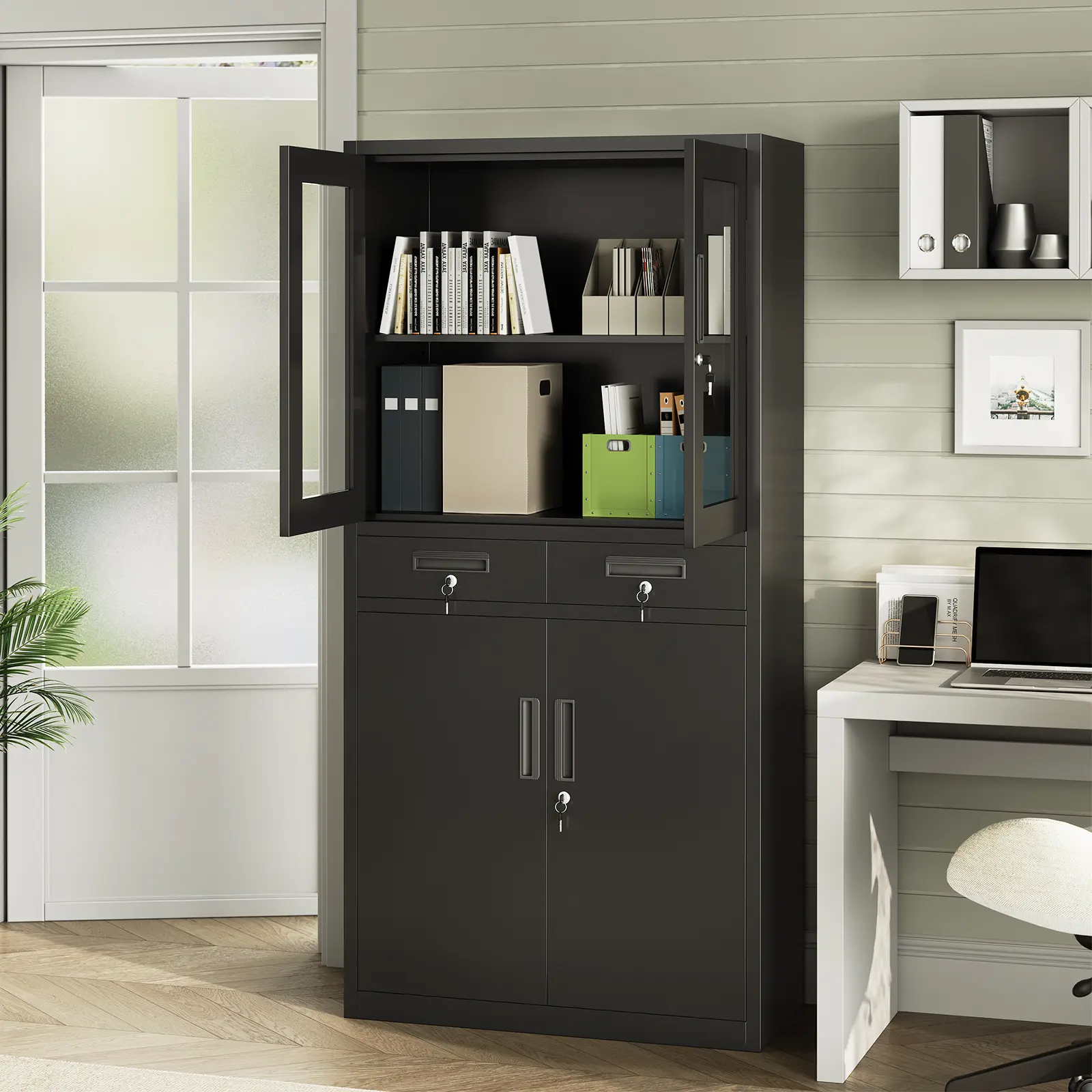 71 Inch Steel Key Management Cabinet with Glass Doors, Lockable Storage Cabinet Featuring 2 Drawers and Adjustable Shelves, Secure Lock Design, Heavy-Duty Organizer for Home, Office, Garage and Commercial Use