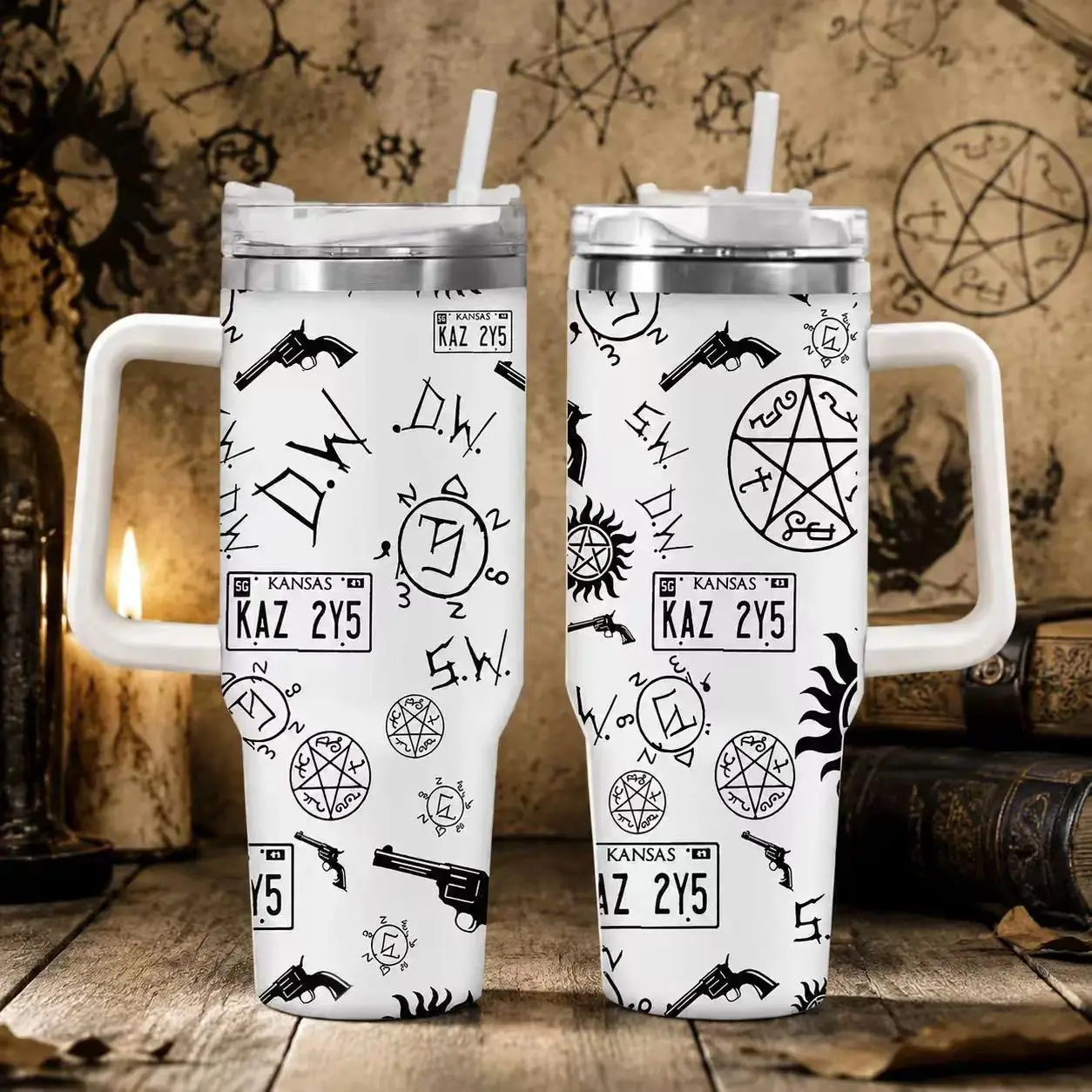 40oz Supernatural Themed Stainless Steel Insulated Vacuum Flask Travel Tumbler - Kitchenware Drinkware, Leak-Proof Water Cup with Straw Hole, Plant Print, Holiday Gift for Christmas, Thanksgiving