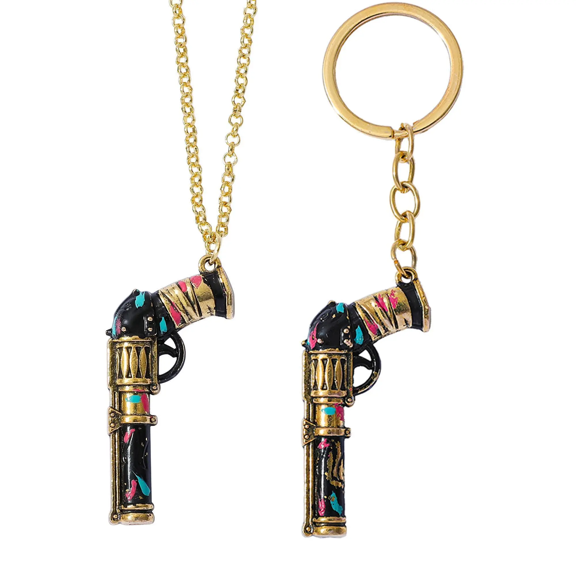 Jinx Cannon Hero Gun Metal Necklace & Keychain, Arcane Sheriff Skin Gaming Jewelry Accessory for Men Fans, Keychain For Purse, Gift Keychain