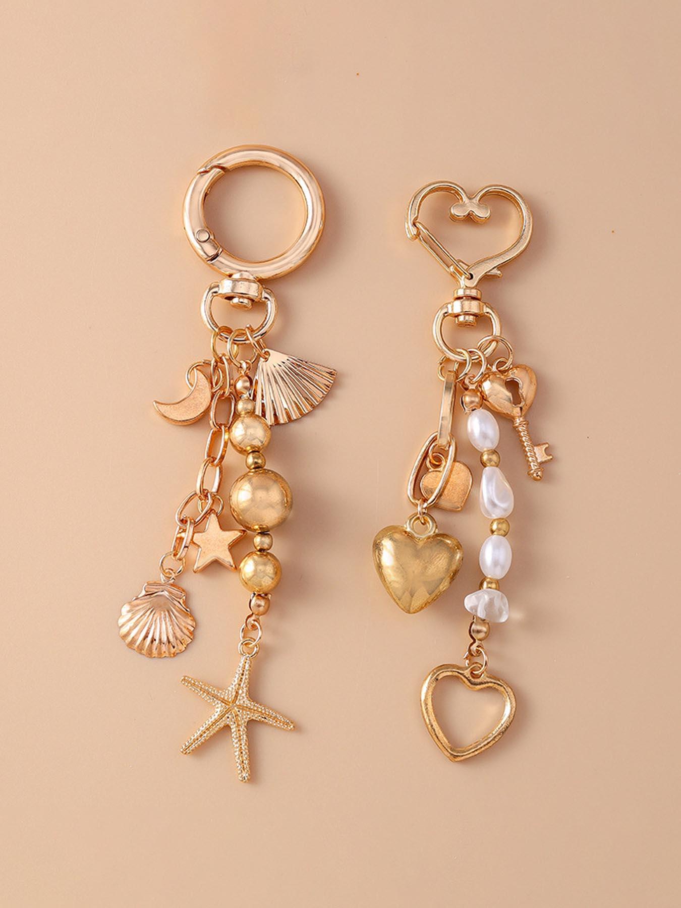 Boho Style Moon Star Sea Star Keychain, Fashion Key Ring with Pearl Shell Beads, Elegant Heart Key Holder, Baroque Bag Charm