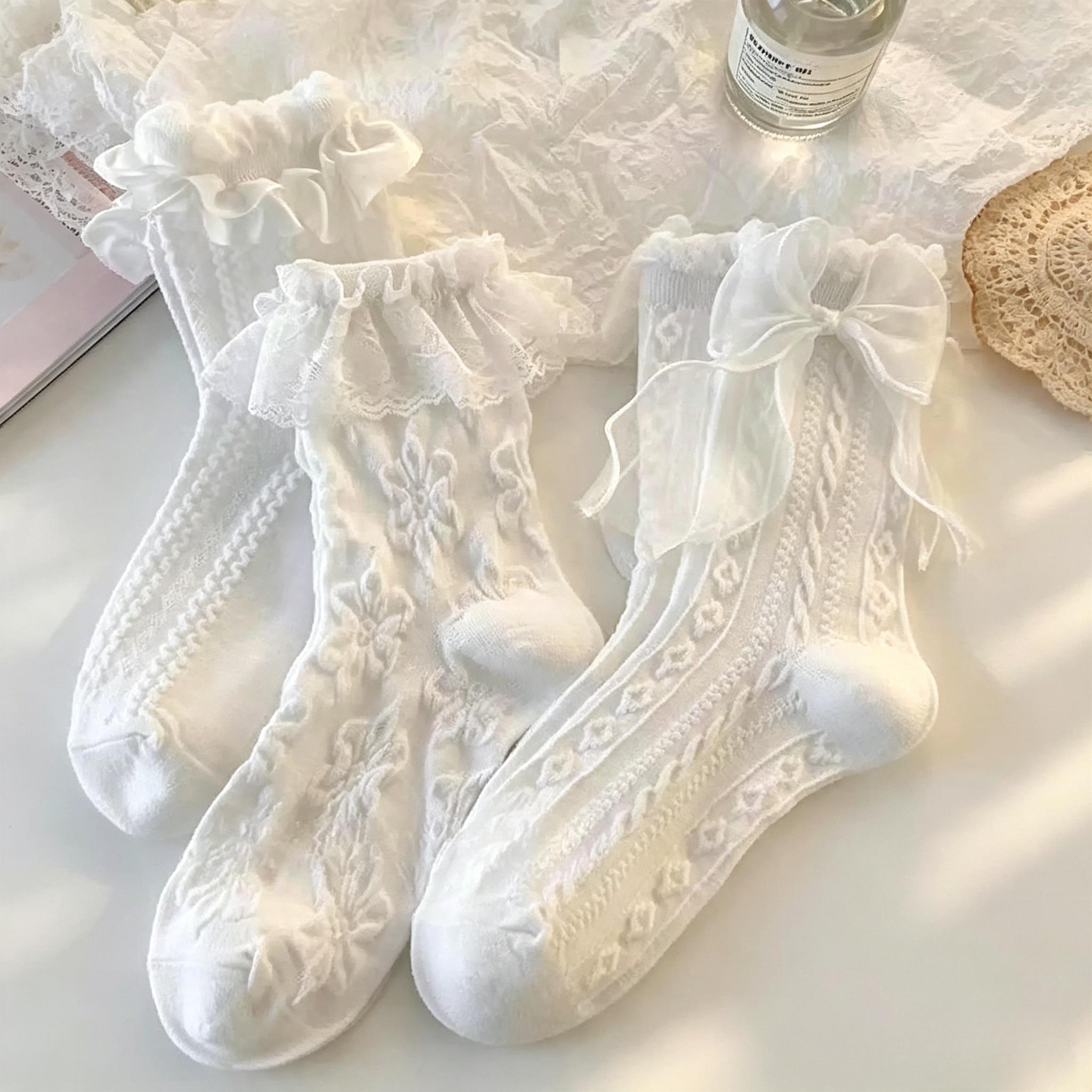 Women’s 6-Pair Coquette Lace Crew Socks - 3D Floral Cable Knit, Sheer Organza Bow, Lightweight Ruffled Breathable Knit Cotton-Blend Mid-Calf Hosiery, Elastic Vintage Streetwear Accessory for Gothic & Casual Outfits (Cold Hand Wash), Trend, Shorts
