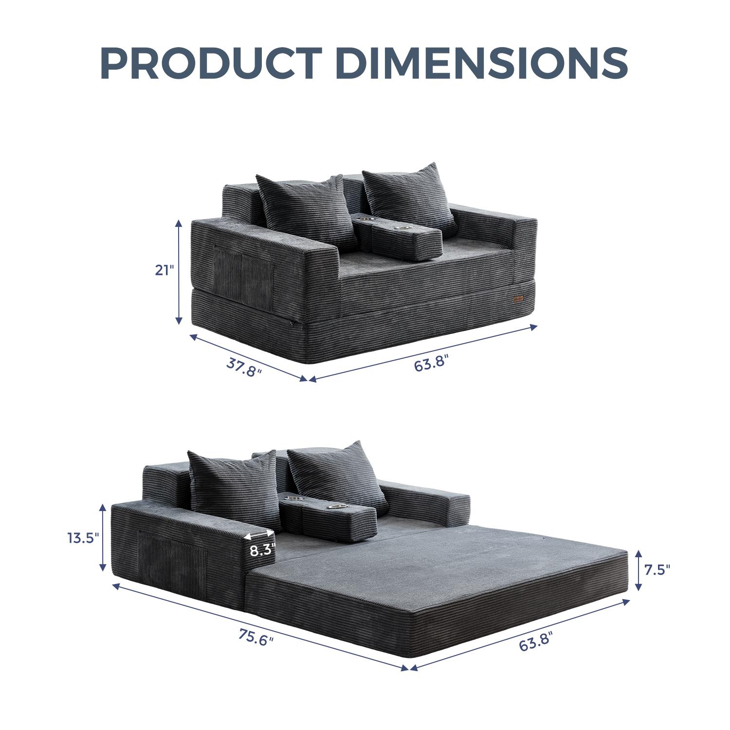 MAXYOYO Folding Loveseat Couch – 4-in-1 Corded Sofa Bed with Cup Holders for Small Spaces, Boneless Loveseat No Assembly Needed