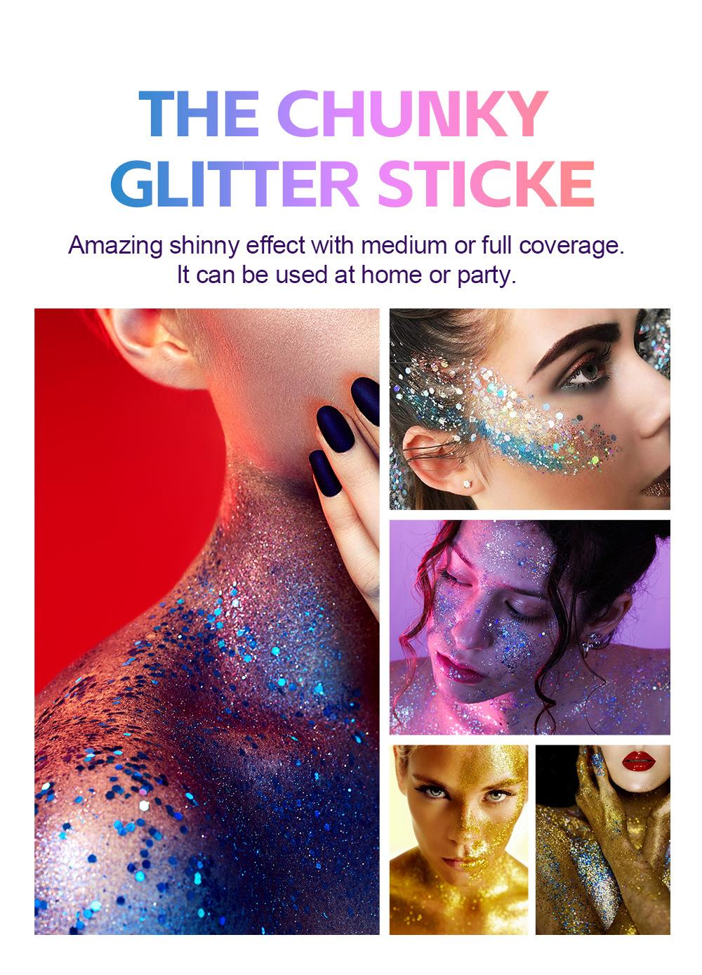 1PC Fit Colors Glitter Stick, 12 Colors Available, Holographic Chunky Glitter, for Face Hair & Body, Long-Lasting, for Festival Rave & Game Day Fan Party, Body Glitter Gel, Cosmetic Sparkle Stick