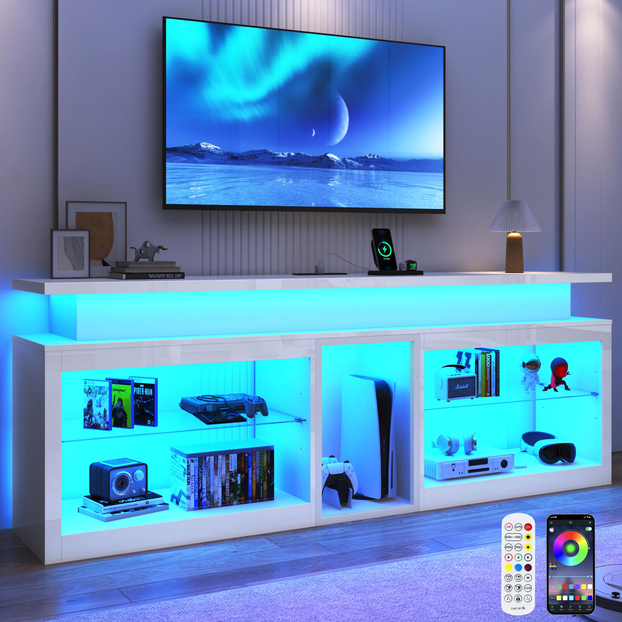 71"/80.7" LED TV Stand with Power Outlet,60-Colors LED Lights For 65 70 80 90 in TV,High Gloss Gaming Entertainment Center w/Adjustable Shelves,TV Console with Modern Design for Living Room Bedroom (Black/White)