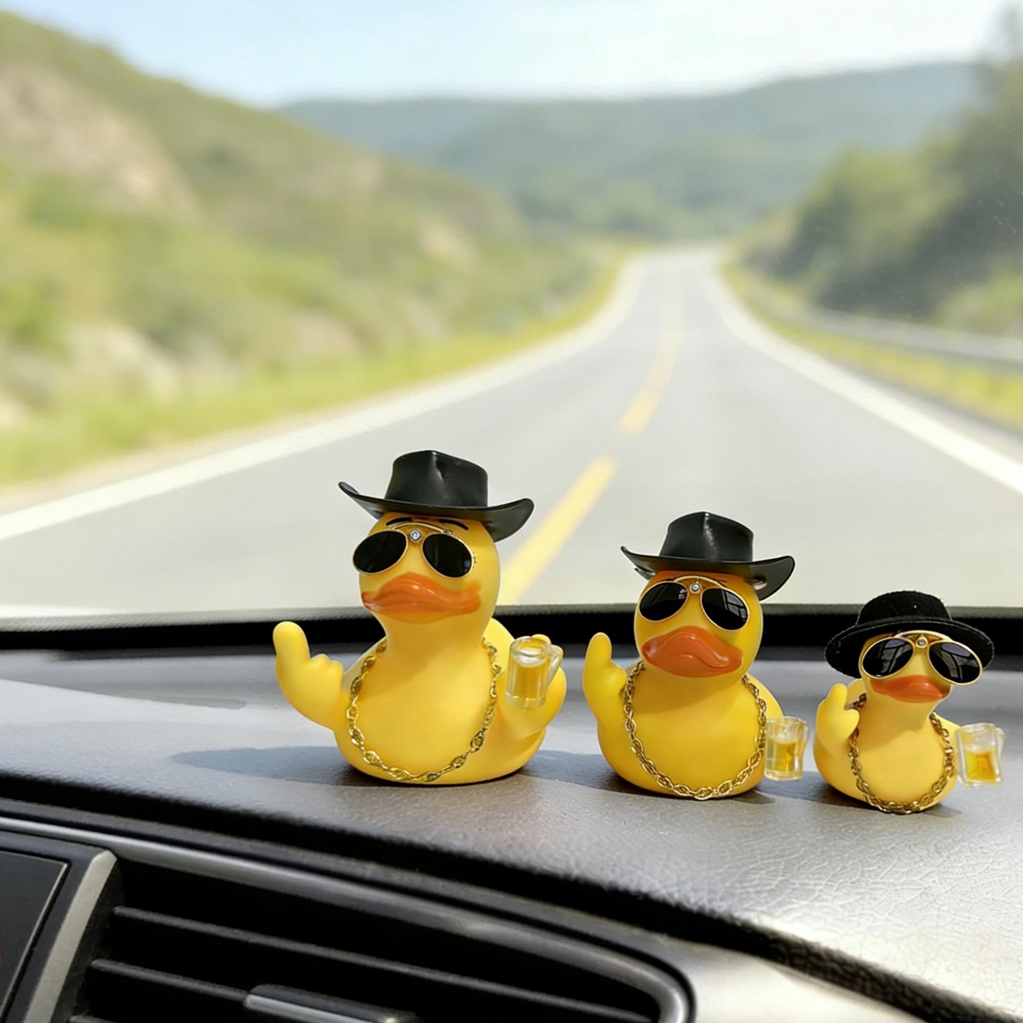 1pc Cool Rubber Duck Car Dashboard Decoration, Cute Yellow Duck with Hat Sunglasses Chain Beer Mug, Funny Car Interior Ornaments for Men Women, Novelty Auto Dashboard Decor Gifts for Car Lovers