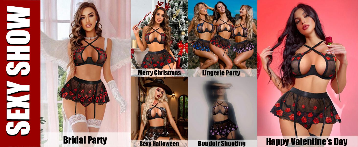 Avidlove Garter Lingerie Set for Women with Underwire 3 Piece Lace Lingerie Set Floral High Waisted Push Up Lingerie Set