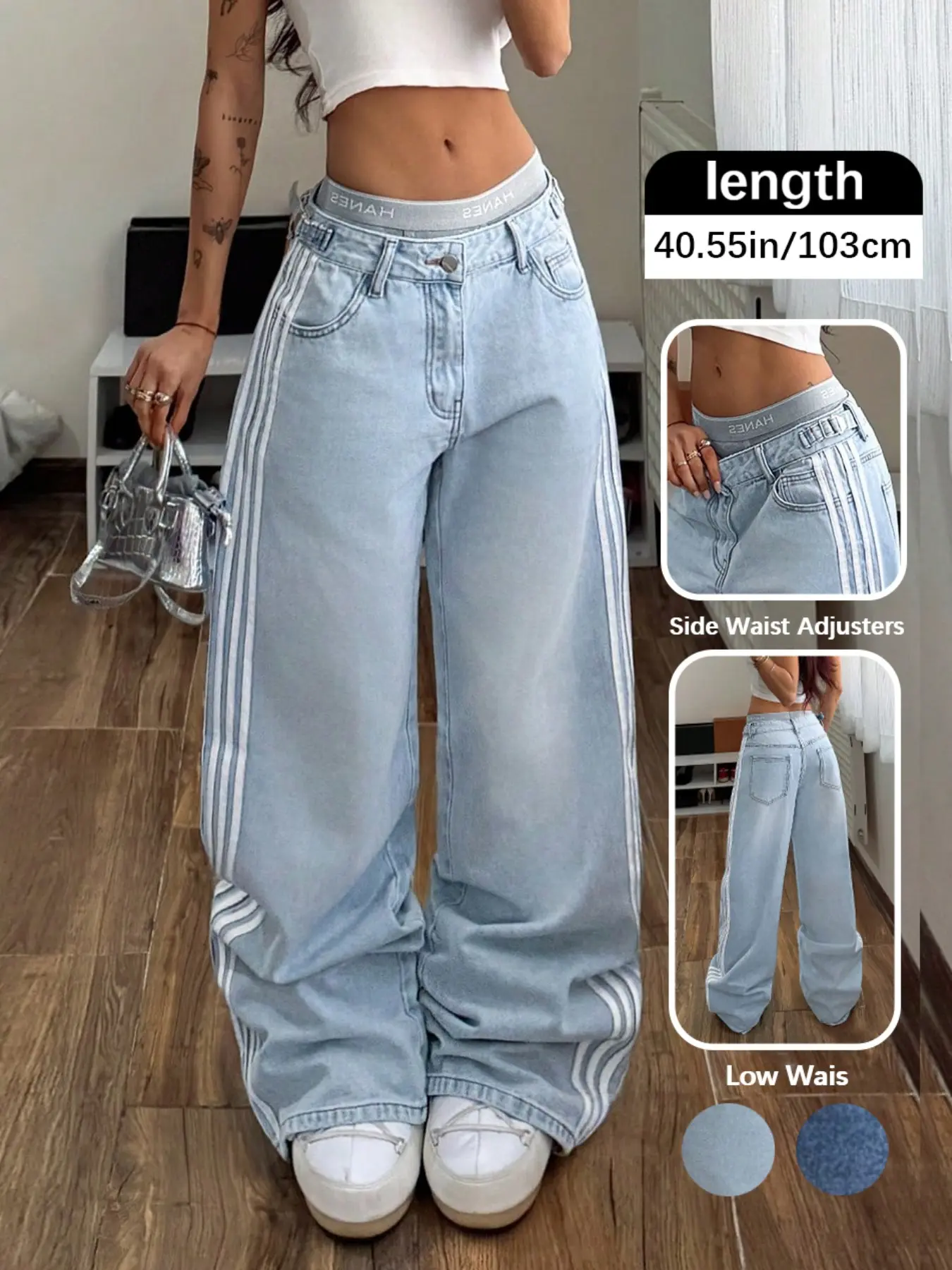 Y2K Retro Women's Jeans, Light Blue Side Stripe Wide Leg Jeans, Low Waist Adjustable Waistband, Loose Fit Floor-Length Straight Pants