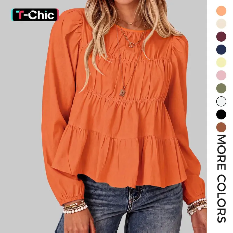 Tankaneo Women's Puff Long Sleeve Pleated Peplum Babydoll Blouse - Button-Front, Flowy, Comfortable, Slimming, Breathable, Chic Cute Tops for Casual, Weekend Wear | Shirts