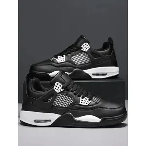 Men's Retro Basketball Inspired Sneakers, Air Cushion Sports Shoes, Breathable Mesh & Leather Upper, Print Detailing, Casual Streetwear Shoes for Training & Daily Wear