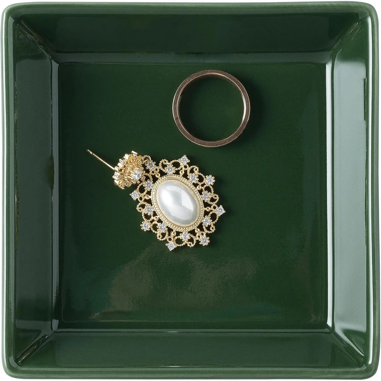 Ceramic Trinket Dish, Small  Ring Tray, Dark Green | Glazed ceramic  tray. Stores rings, earrings, necklaces, bracelets. Easy to clean.  for  and entryway.