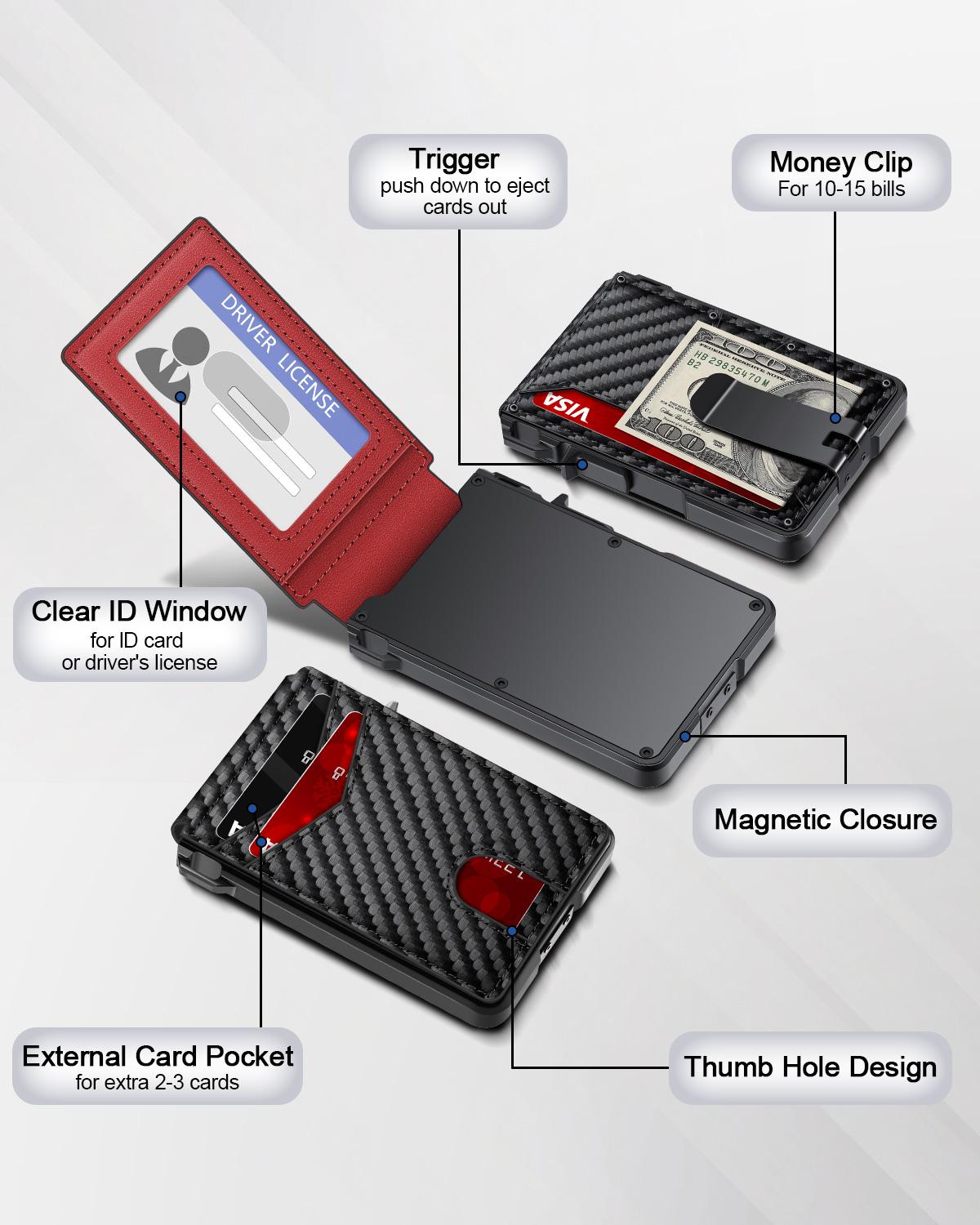 Men's Slim Minimalist Wallet with Money Clip - Holds 9-13 Cards, RFID Blocking Pop-Up Card Holder & ID Window, Aluminum Metal Bifold Wallet