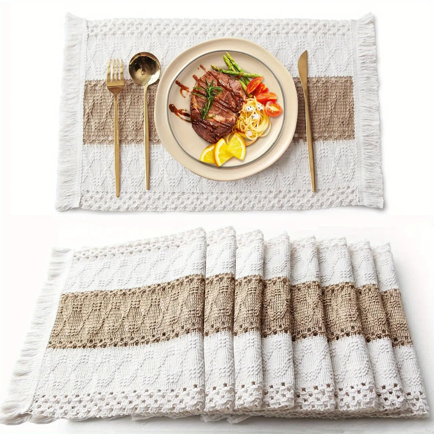 4/8pcs Bohemian Rustic Placemats, Hand-Crocheted Coffee Table Mates with Tassels in Farmhouse Burlap Style for Home Dishware Heat Insulation. Perfect as Boho Charm Decorations at the Dinning Room or Wedding Party Holiday Celebration,Party Table Decor