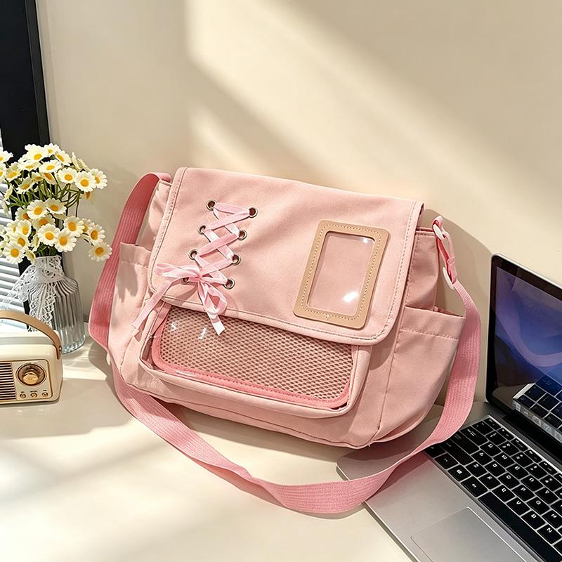 Women's Japanese School Style Canvas Shoulder Bag - Cartoon Theme, Zip Closure, Crossbody Strap, Ample Space for Casual Wear, Versatile Bookbag