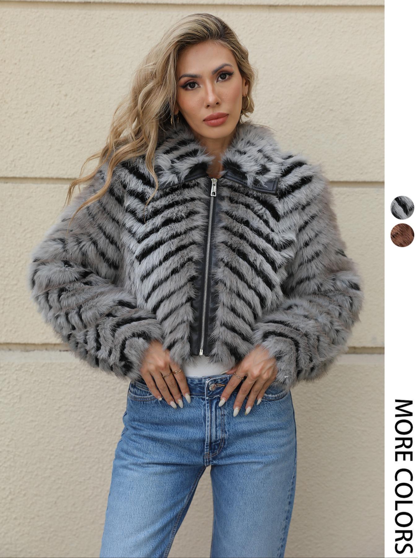 Women's Faux Fur Coat, Fall & Winter Casual Outerwear, Short Woven Fabric, Moderate Thickening, Trendy Striped Patchwork Design