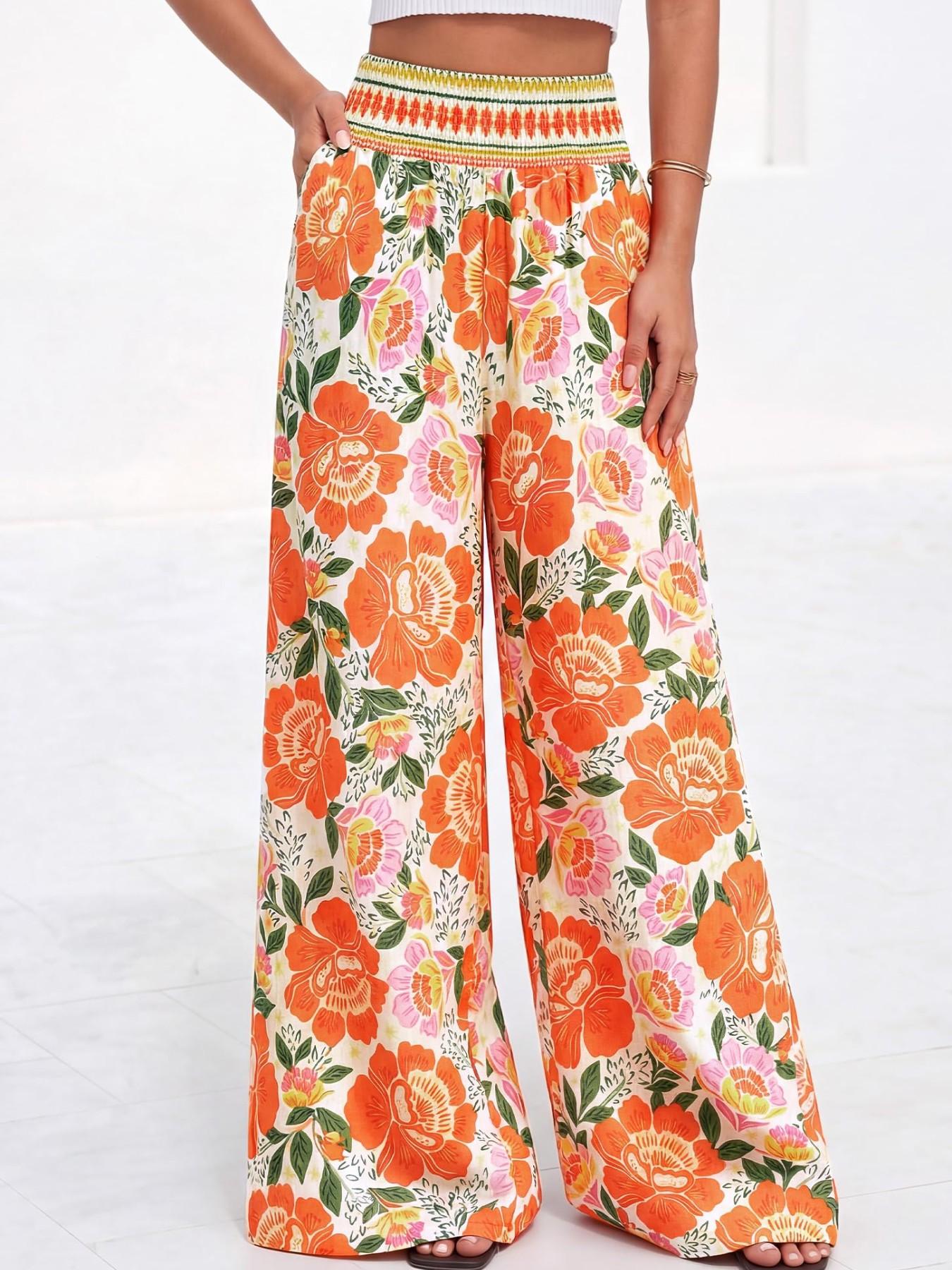 New Summer Bohemian Casual Comfortable High-Waisted Elastic Loose Wide-Leg Bottom Pants, Printed Floral Long Trouser Pants for Women, Essential for Daily and Vacation Wear