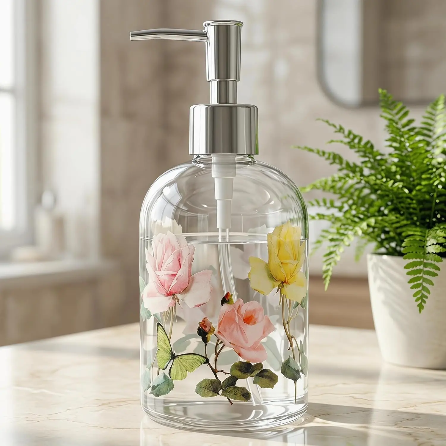Floral Glass Soap Dispenser 17oz, Vintage Rose & Butterfly Liquid Pump Bottle, Refillable Bathroom & Kitchen Hand Soap Dispenser, Decorative Countertop Decor