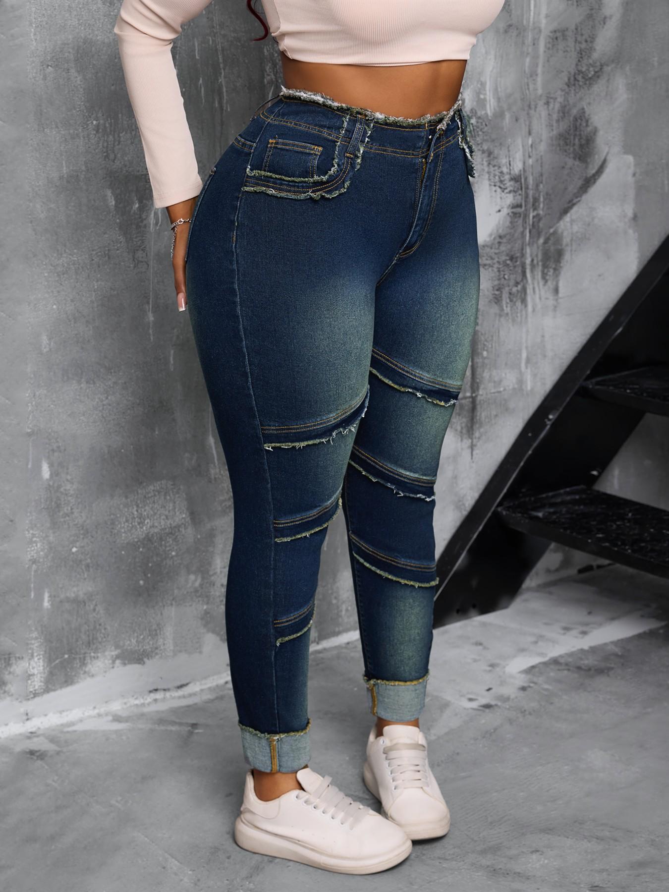 【Plus Size】 Raw Hem High Waist Dark Wash Stretchy Denim Jeans, Basic Comfy Slim-fitting Outfits Women's Bottoms for Summer 【Plus Size】 Raw Hem High Waist Dark Wash Stretchy Denim Jeans, Basic Comfy Slim-fitting Outfits Women's Bottoms for Summer