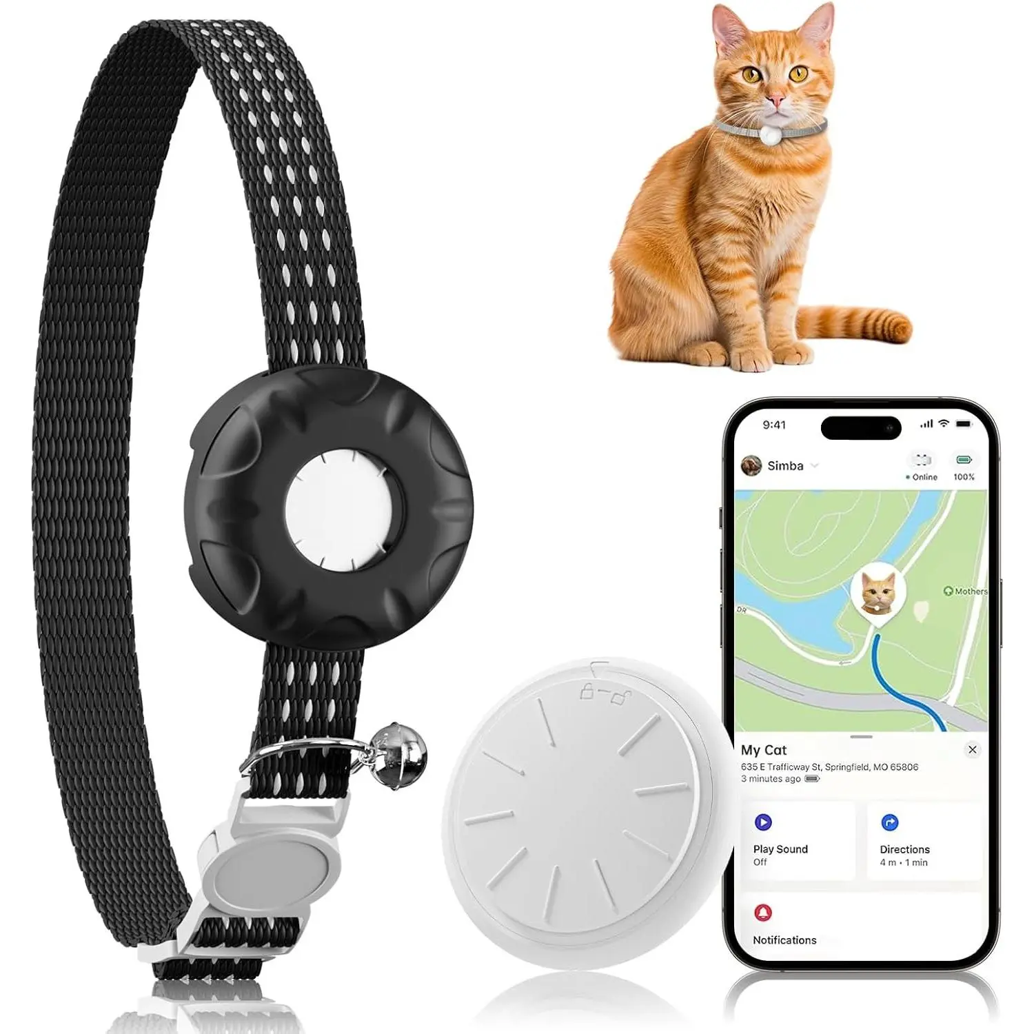 GPS Bluetooth Cat Tracker, No Monthly Fee, Waterproof Pet Tracker for Cats, Compatible with iOS Find My App, Black