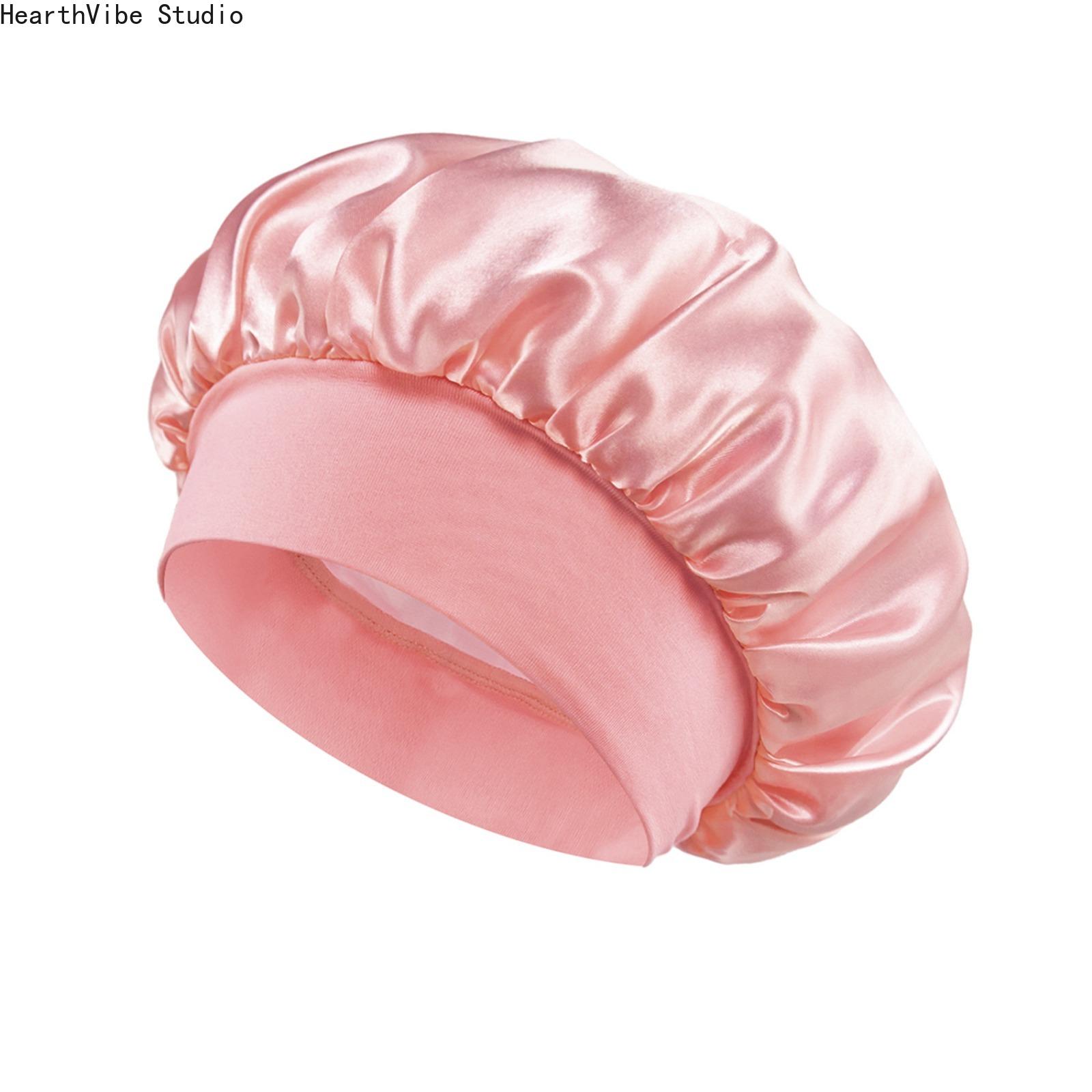 Double-Layer Satin Shower Cap for Women, Modern Minimalist Waterproof & Anti-Frizz Haircare Bonnet, Wide-Brimmed for Salon Styles and Heatless Curls, Beauty Products, Silky, Solid