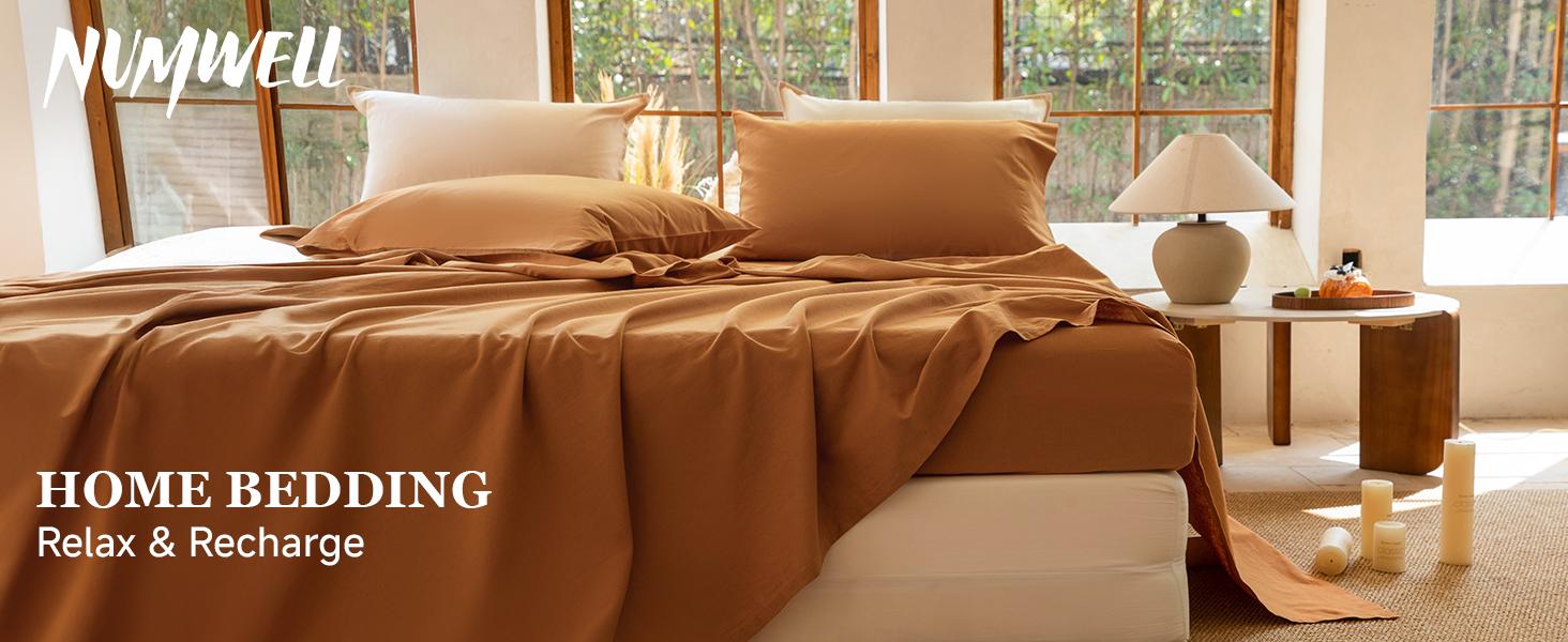 Linen Sheet Set , Linen Cotton Blend Sheets Set 4pcs, 1 Flat Sheet, 1 Fitted Sheet & 2 Pillowcases, Cooling Breathable Farmhouse Bedding