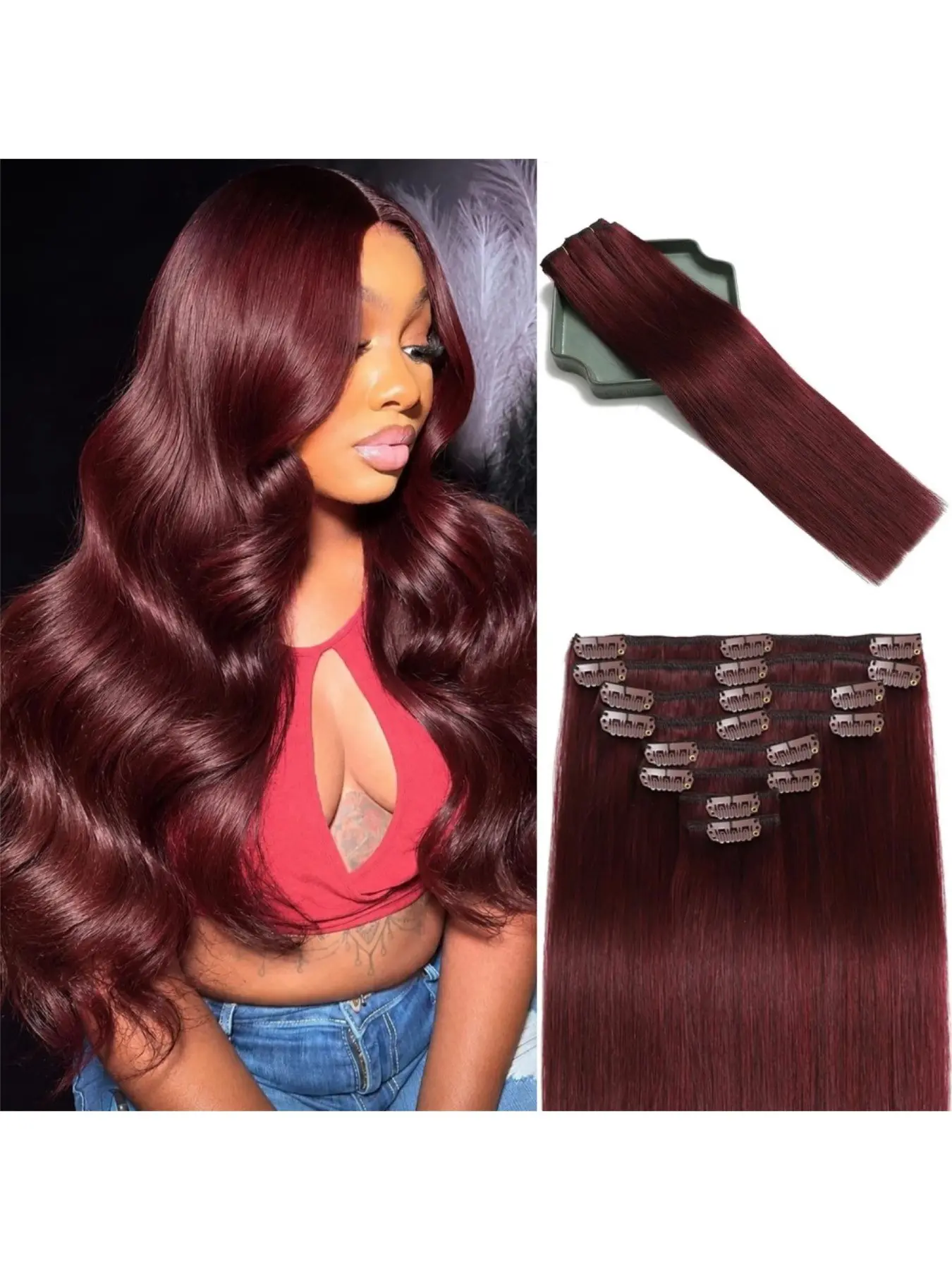 Burgundy 99J Clip In Human Hair Extensions for Women 14–28 Inch Full Head Hair Extensions 8 PCS Double Weft with 18 Clips Soft Seamless Natural Volume