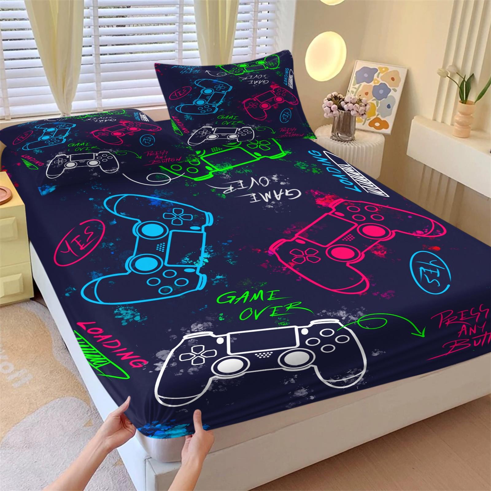 3 Piece Gamer Fitted Sheet Set, 1 Fitted Sheet + 2 Pillowcases, Cool Game Controller Bedding for Boys Teens Gamers, Gaming Room Decor for Kids Bedroom Dorm, Ideal Gift for Video Game Lovers