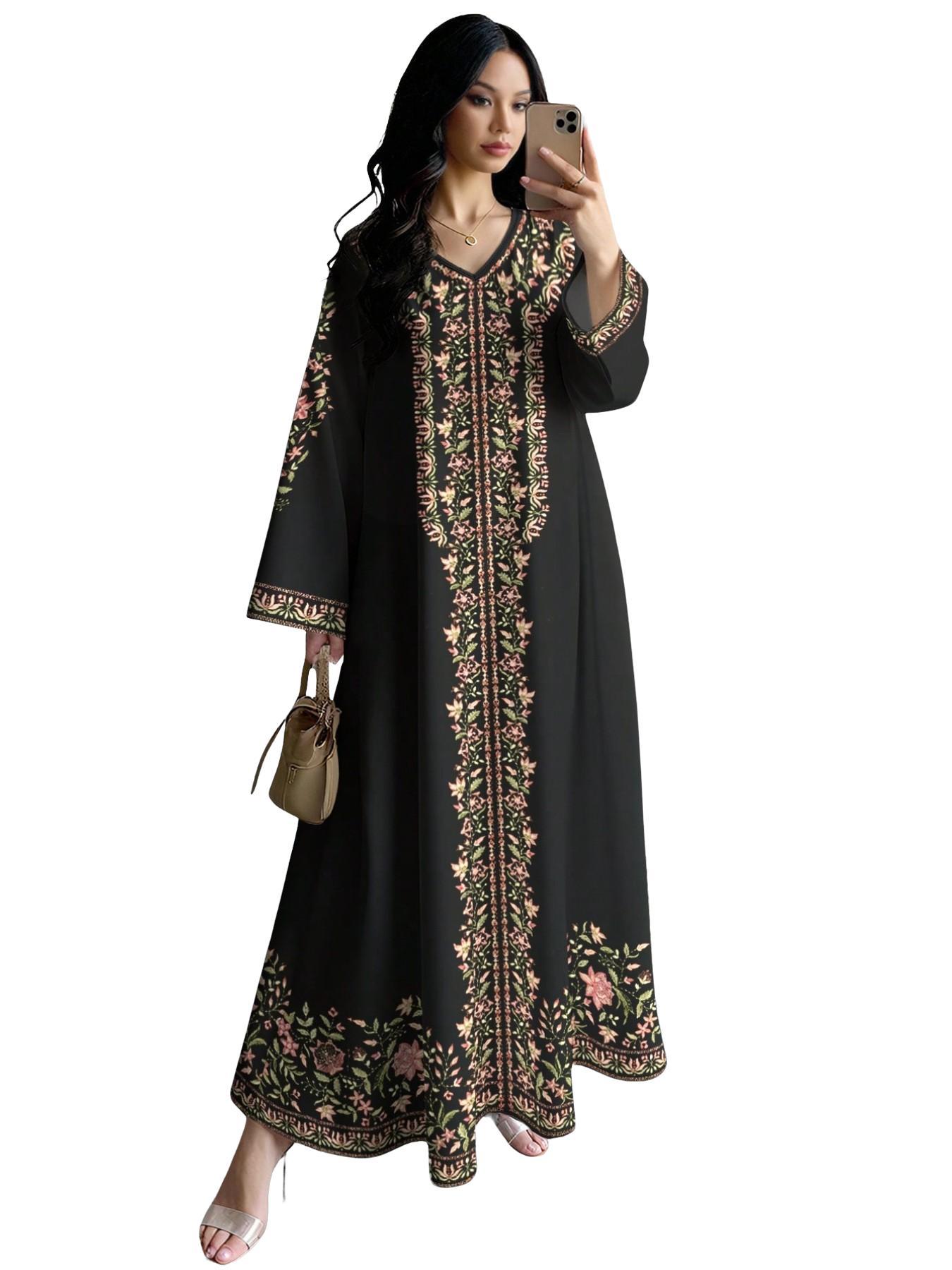 Elegant Muslim Long Dress for Women, Printed Abaya Robe, Floral Abaya, Formal Long Sleeve A-Line Dress, Stylish and Comfortable Islamic Fashion