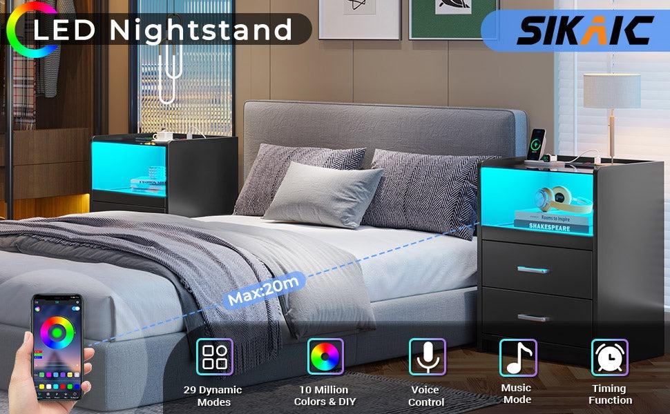 Sikaic LED Nightstand With Charging Station Drawers Modern End Table Bedside Cabinet