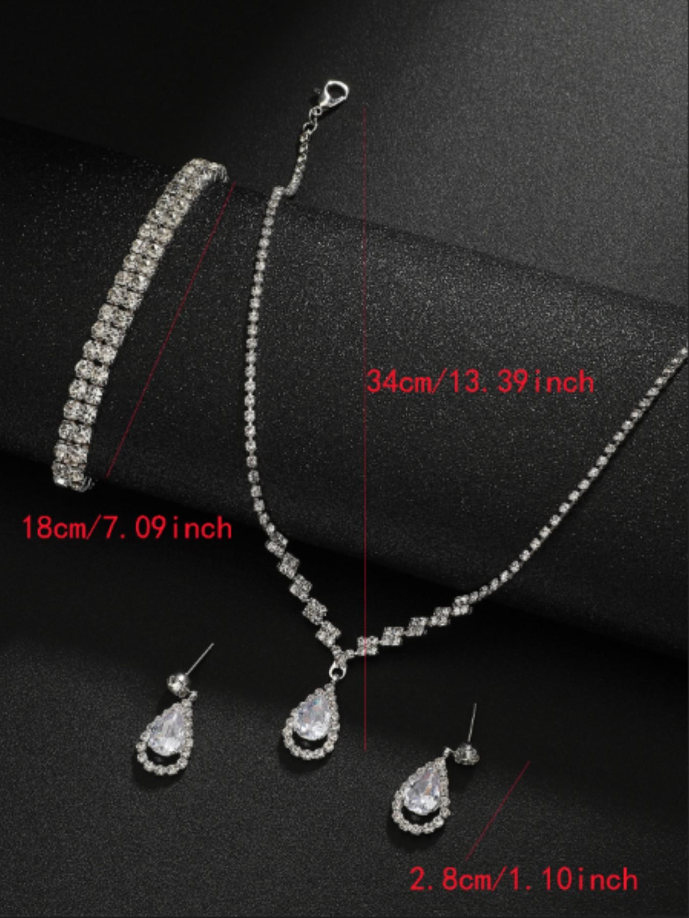 Vintage Luxurious Full Diamond Tennis Chain Set, Teardrop Pendant Necklace Earrings Bracelet, Wedding Accessories, Casual All-Season Jewelry