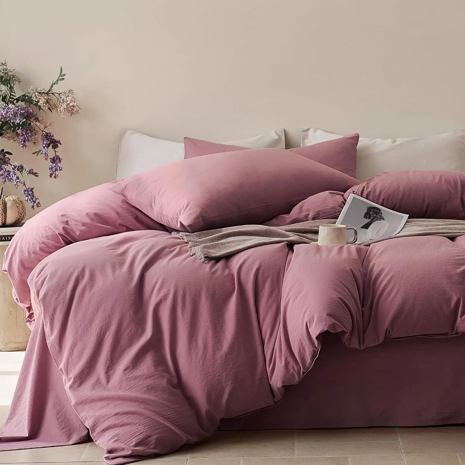 100% Cotton Queen Duvet Cover Set, Breathable Home Bedding with Washed Texture, Pre-Shrunk, Natural Wrinkles, Wide Zipper Opening, Colorfast, 8 Reinforced Ties, 1 Duvet Cover & 2 Pillowcases, Pre-Shrunken