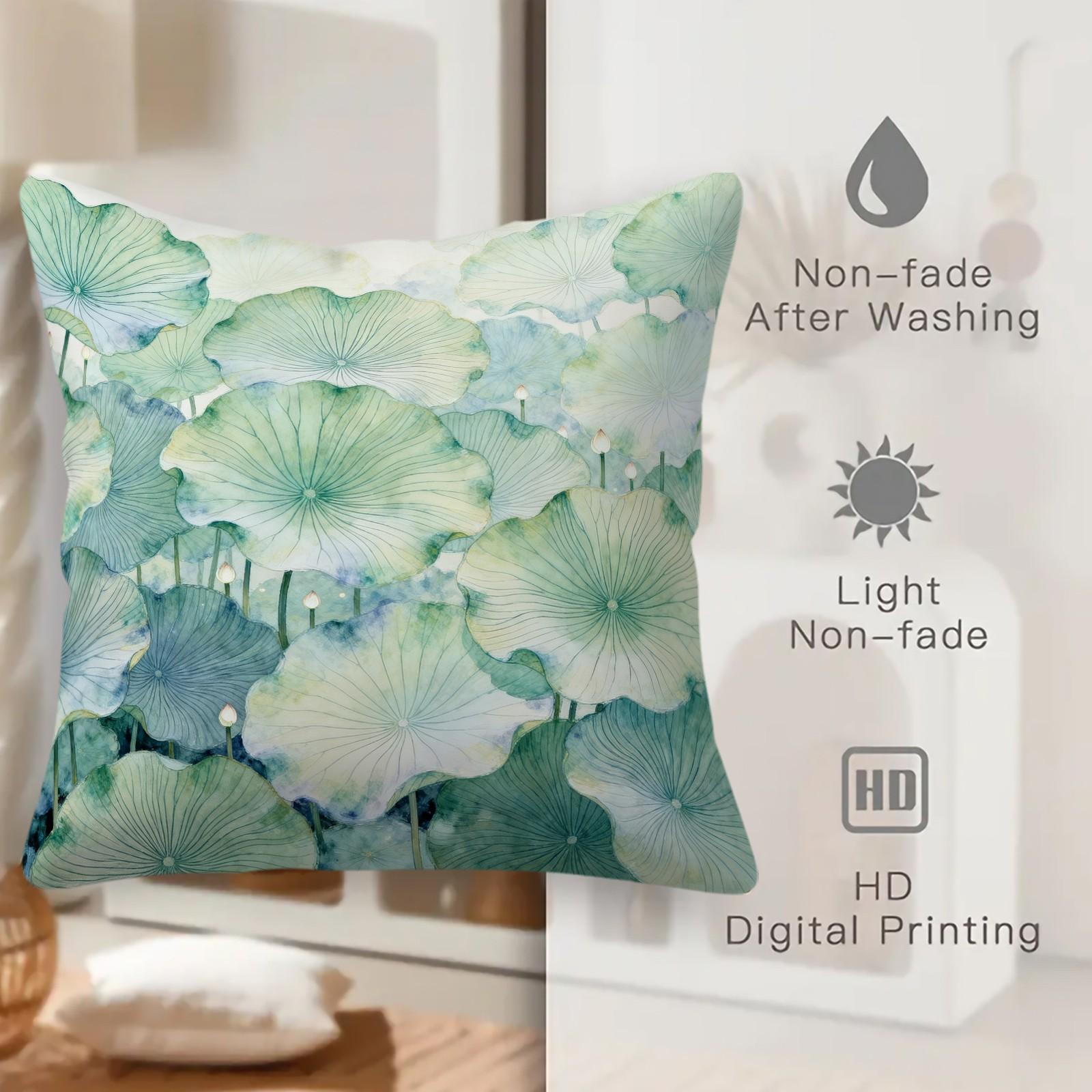 1 Piece Watercolor Lotus Leaf Throw Pillow, Green Lotus HD Digital Print Decorative Accent Pillow, Soft Cushion with Invisible Zipper for Couch Bed Sofa, 18x18 Inch (No Insert)