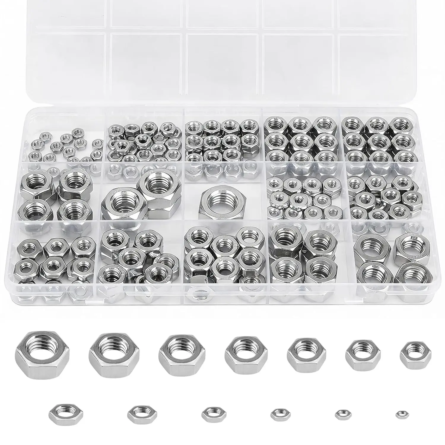 Hex Nuts Assortment, 196 Pack 304 A2-70 Stainless Steel Hardware Nuts, Metric & SAE Sizes M3 M4 M5 M6 M8 M10 M12, #6-32 #8-32 #10-24, 1/4"-20 5/16"-18 3/8"-16 Coarse Thread