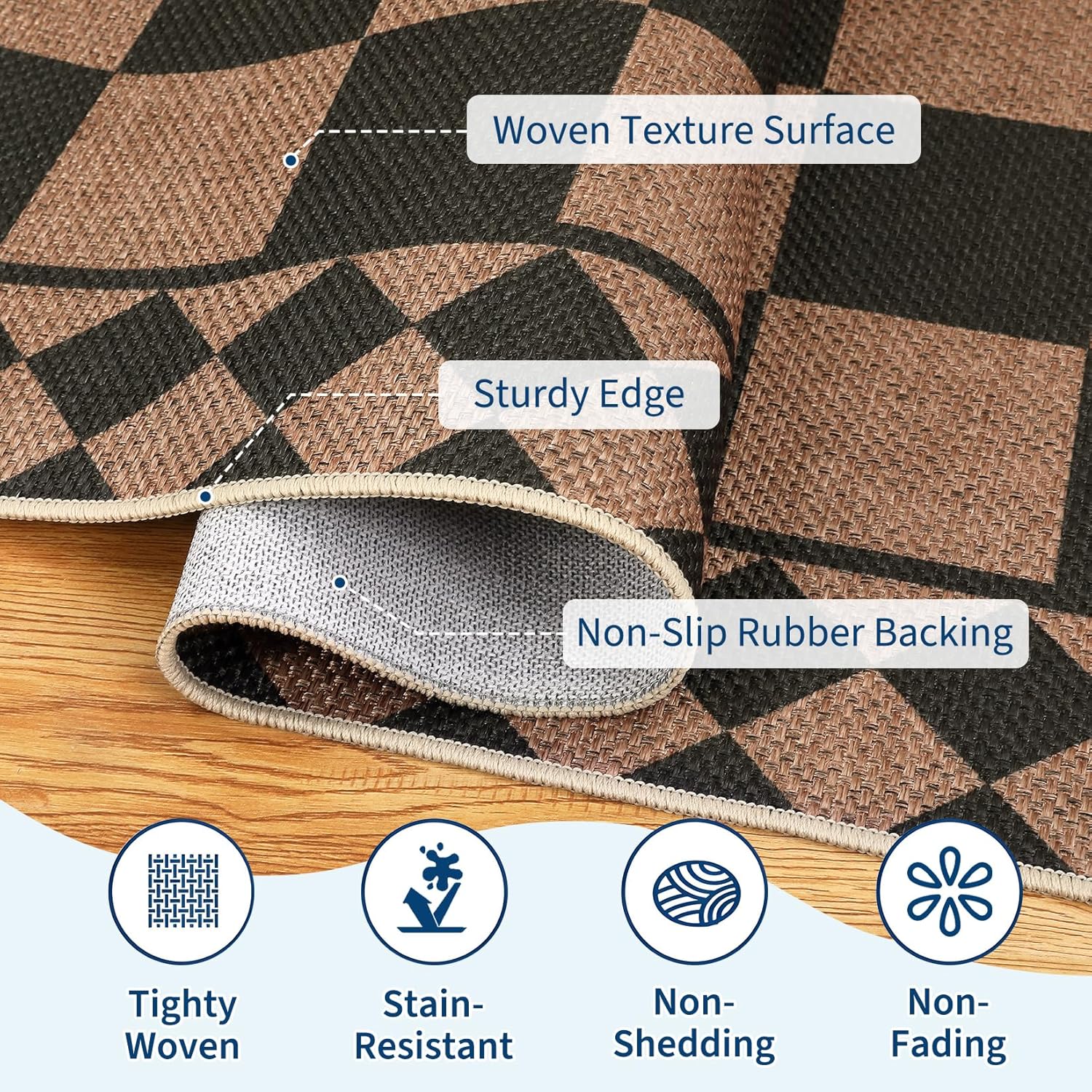 Easy Jute Hallway Runner Machine Washable Low Pile Carpet Runner with Non-Slip Backing, Non Shedding Checkerboard Kitchen Rugs, Foldable Indoor Outdoor Carpet for Patio, Laundry