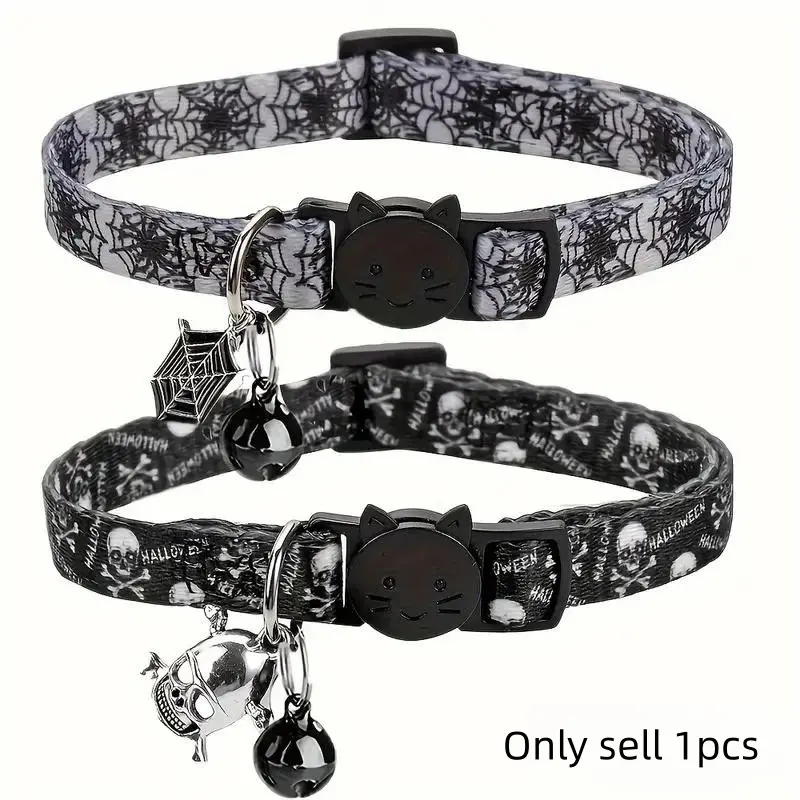 Halloween Skeleton Spider Web Cat Collar with Bell, Adjustable Safety Buckle, Suitable for Small Cats and Dogs, Pet Accessories