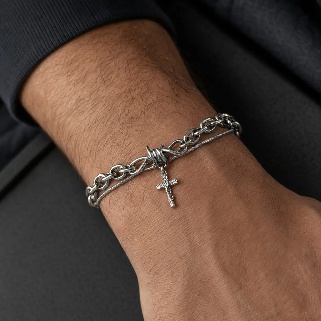Men's Stainless Steel Double-Layer Cross Bracelet - Gothic Punk Style, Textured Cross Charm, Wrapped Center, Adjustable Fit, Casual Daily Wear Costume Jewelry Gift for Him